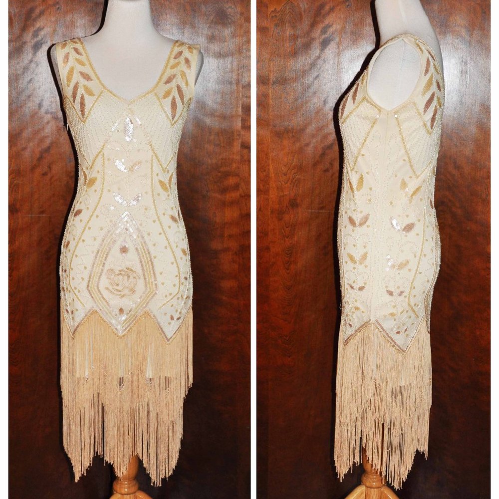 Vintage Metme Cream & Pale Peach Beaded Gatsby Flapper Gown Long Peach Fringe